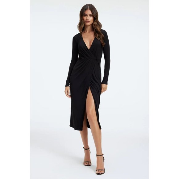 Good American Good Touch Faux Wrap Midi Dress Long Sleeve Stretch Black 0 US XS - Picture 1 of 6